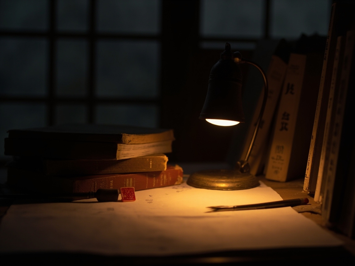 深夜书房,暖灯下的书桌与经典藏书